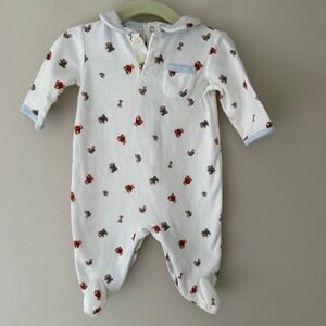 Ralph Lauren Polo Bear Footed Sleeper White Blue Trim 100% Cotton 6M Baby Boy